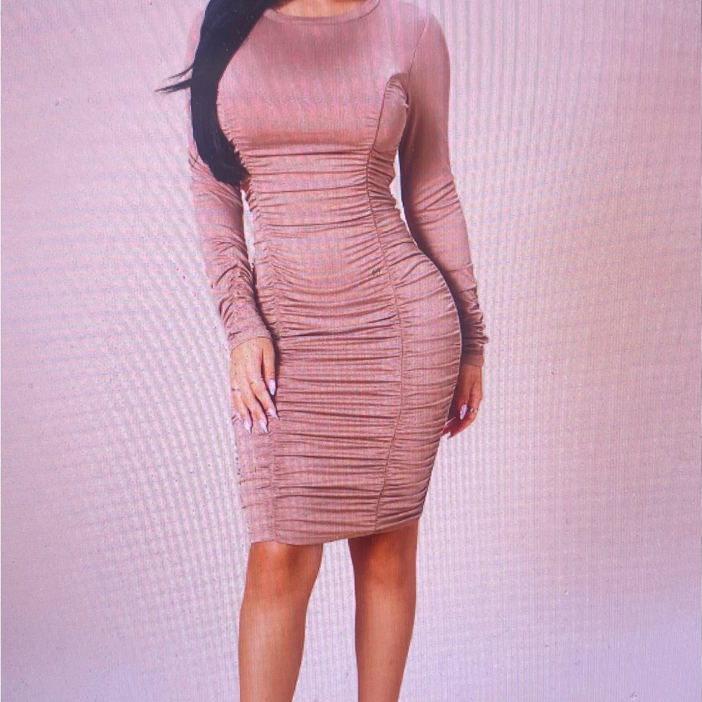 Elegant Ruched Long Sleeve Dress - Taupe